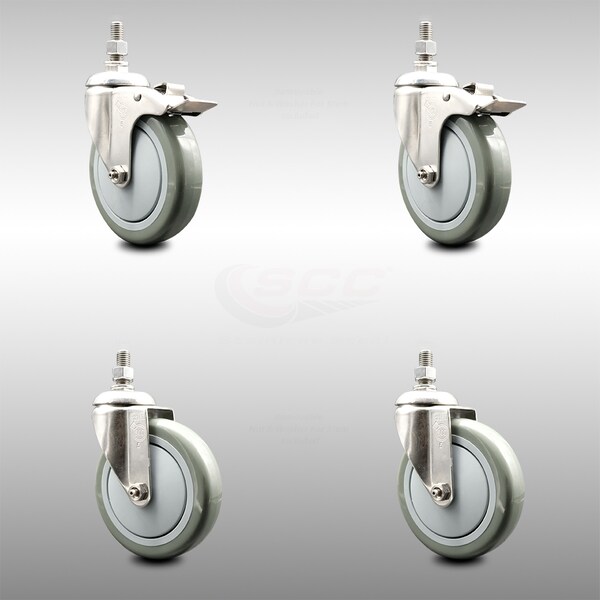 Service Caster 5 Inch 316SS Gray Polyurethane 12mm Threaded Stem Caster Lock Brake, 2PK SCC-SS316TSTTL20S514-PPUB-M1215-2-S2 - main